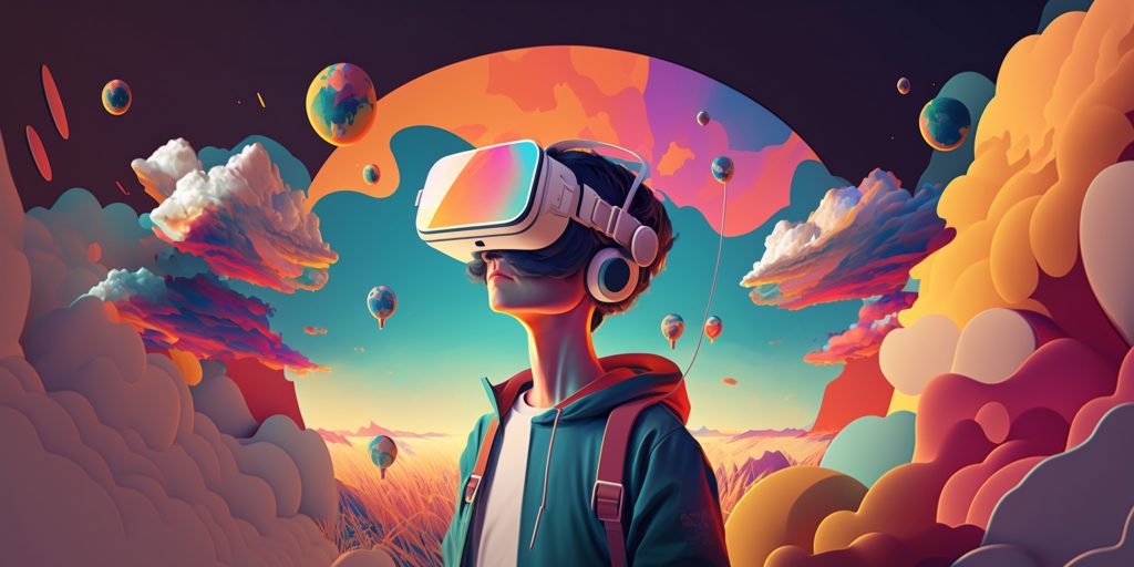 Im Bild ist ein Junge mit einer komischen Brille erkennbar, der ganz weit in den Kosmos blicken kann und darüber hinaus.