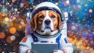 In diesem Bild ist ein Beagle in einem Raumanzug zu sehen. Es hält ein Tablet in seinen Pfoten.