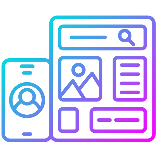 Abbildung eines Desktop-Monitors und eines Smartphones. Der Monitor zeigt ein Raster mit drei bunten Quadraten (grün, gelb und rosa) und blauen Linien darunter, die Text darstellen. Das Smartphone zeigt ein grünes Quadrat und blaue Linien, was dem Design des Monitors entspricht.Abbildung eines Desktop-Monitors und eines Smartphones. Der Monitor zeigt ein Raster mit drei bunten Quadraten (grün, gelb und rosa) und blauen Linien darunter, die Text darstellen. Das Smartphone zeigt ein grünes Quadrat und blaue Linien, was dem Design des Monitors entspricht.